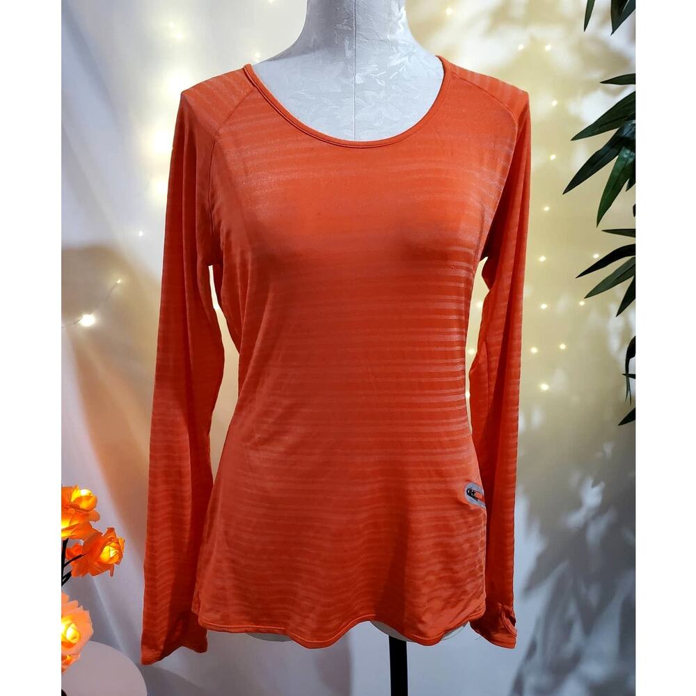 Athleta Orange Striped Thumbhole Sleeve Top Women's Size M Running Activewear